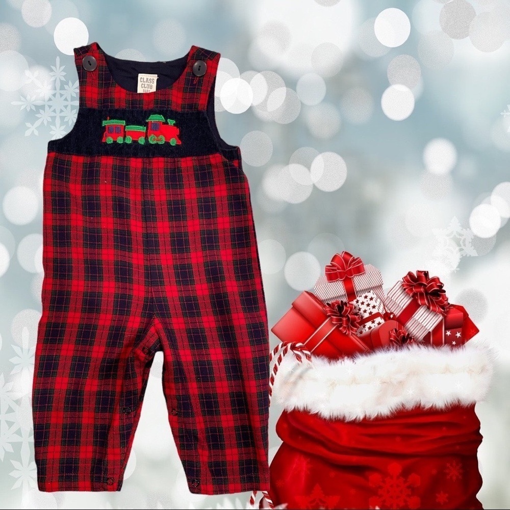 Class Club Size 9M Red & Green Plaid  Appliquéd Train One Piece Romper
